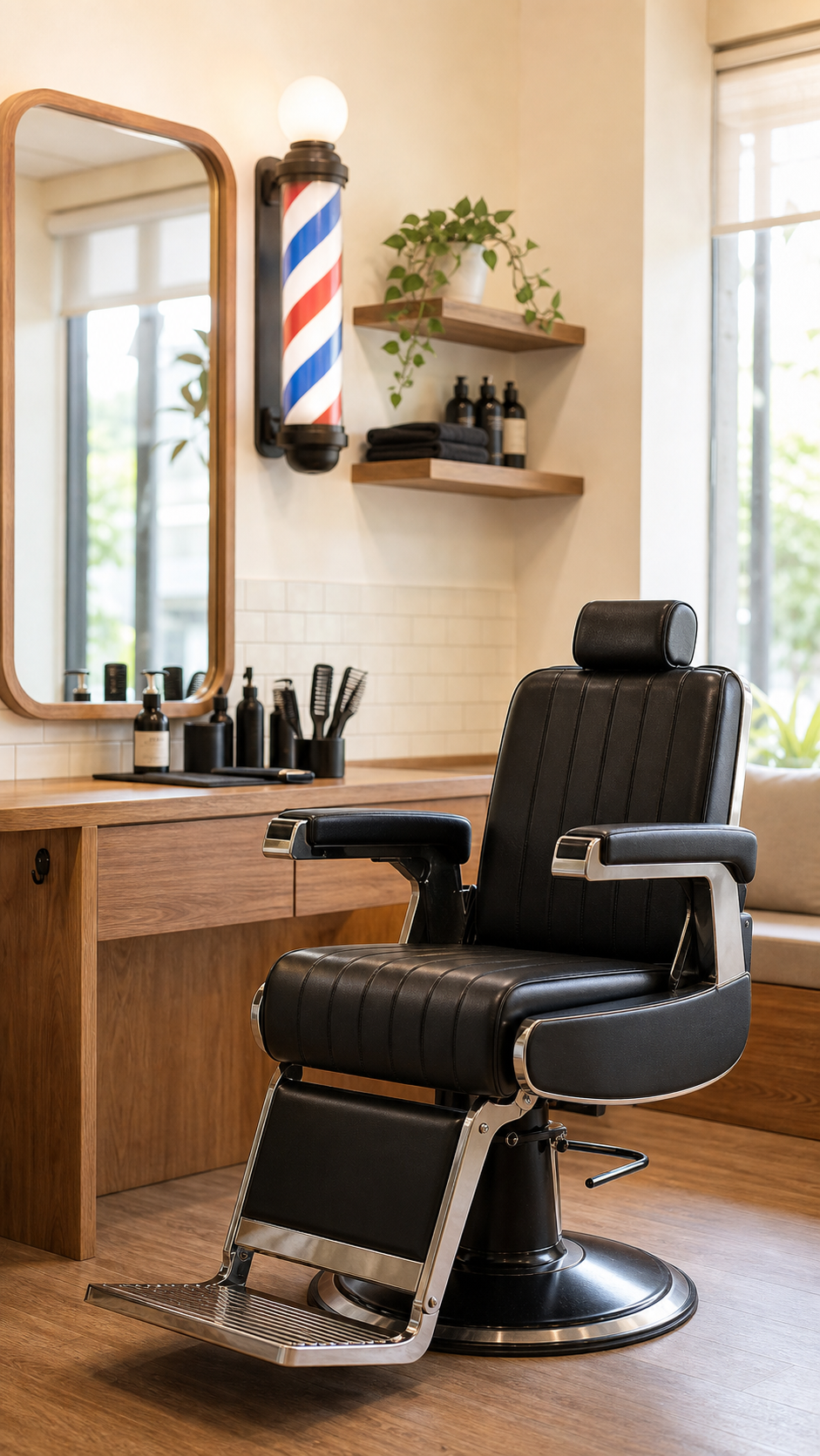 Family-friendly barbershop interior with adult and child barber chairs
